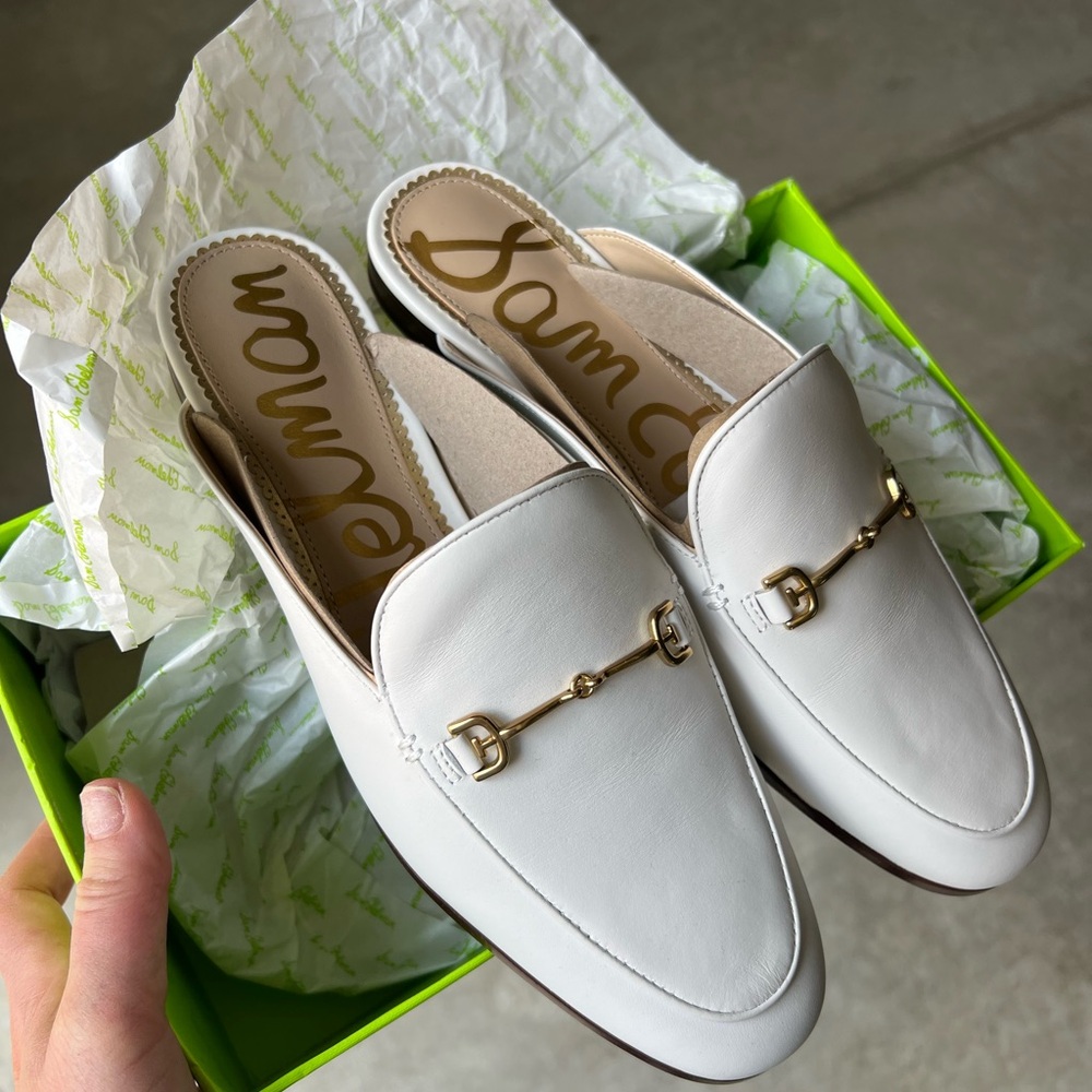Sam Edelman White Slip-On Loafers with Gold Hardware